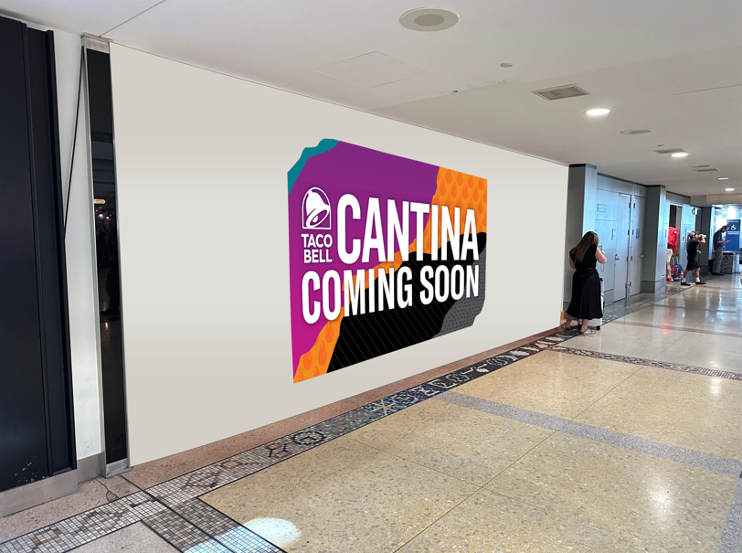 rendering of a taco bell cantina coming soon sign on a wall