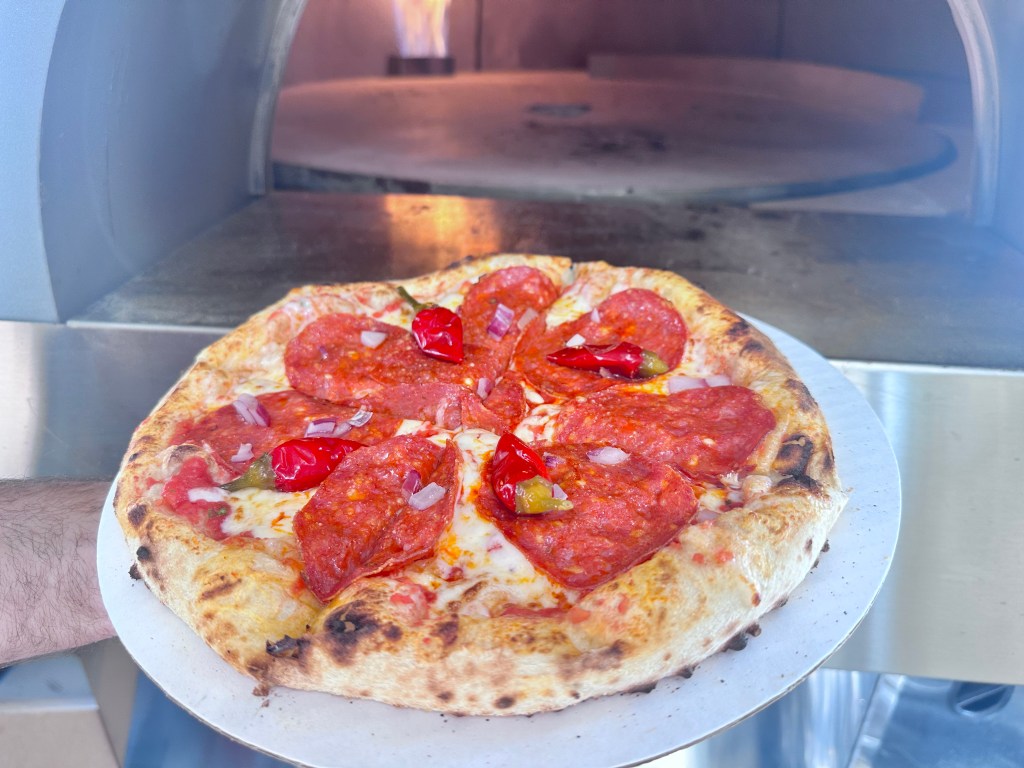 pizza with tomato sauce, mozzarella, spicy sopressata, red onions