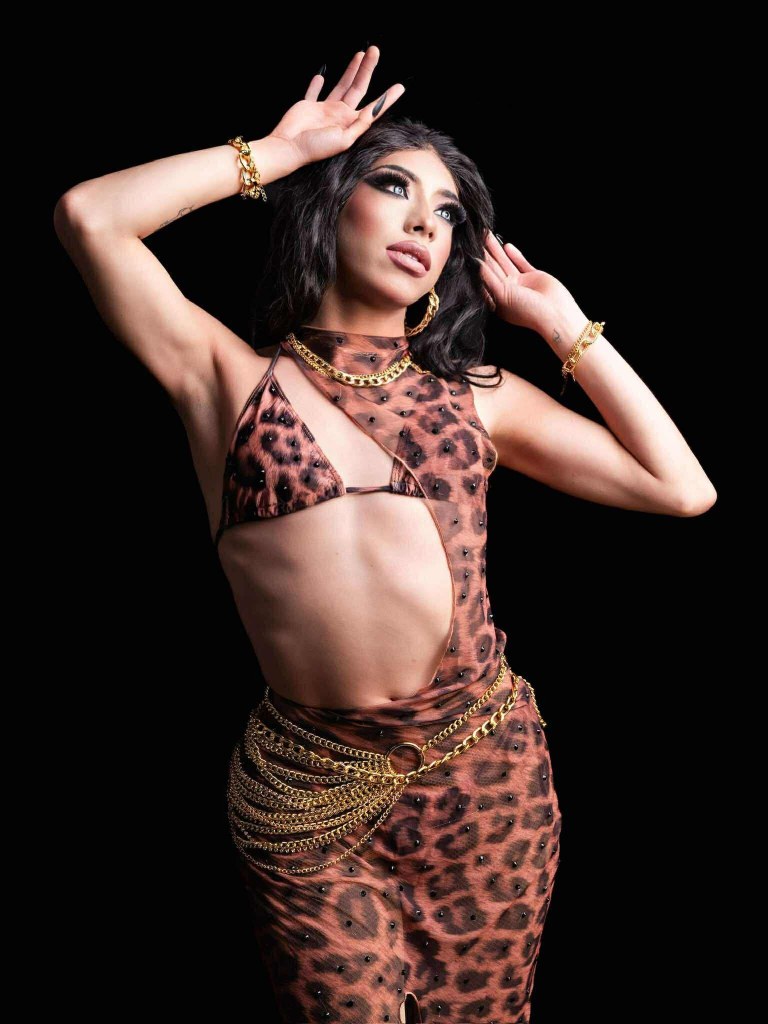 A drag queen in leopard print