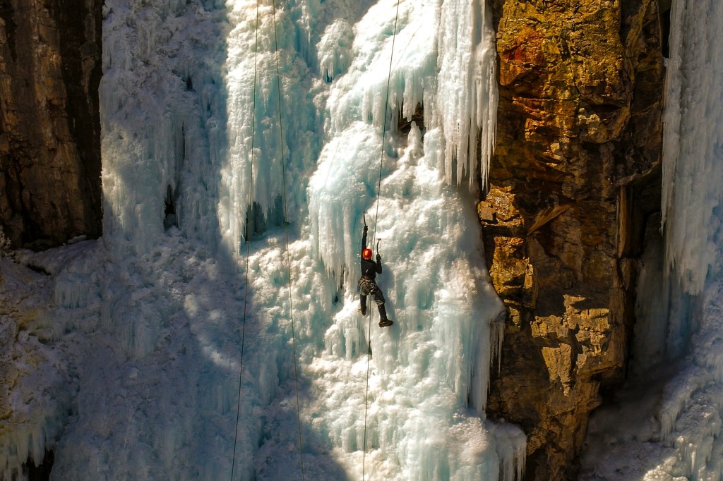 An ice climber ascending a route at the Ouray Ice Park