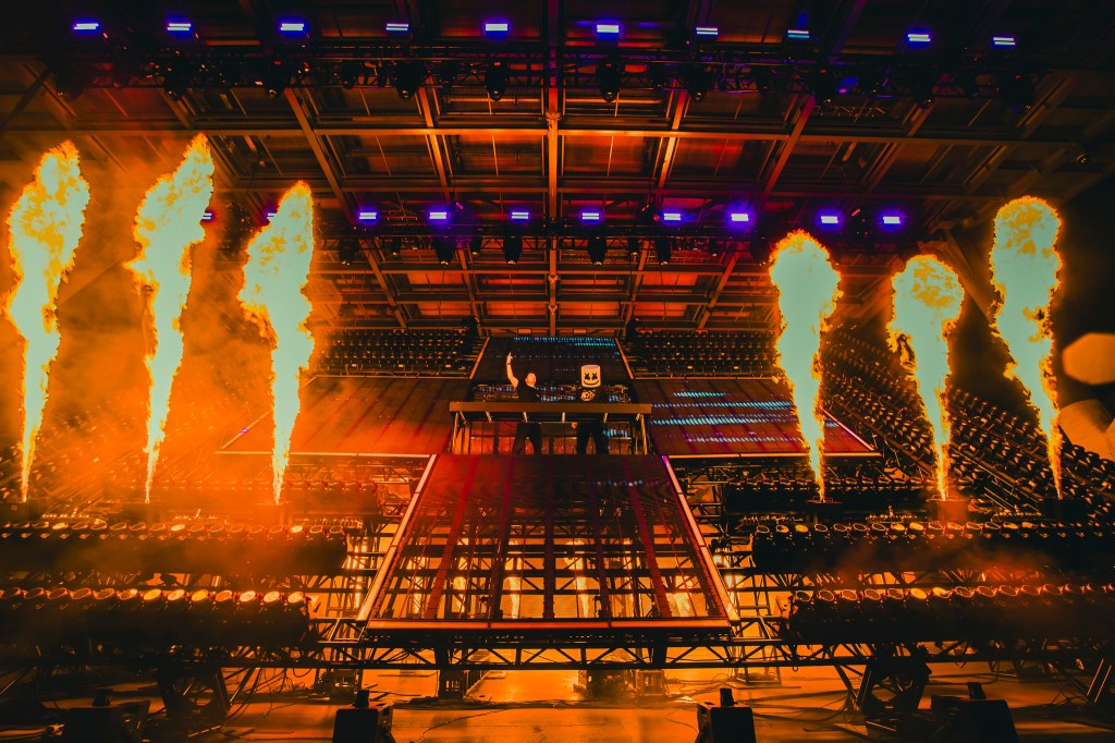 Martin Garrix and Marshmello perform together at Red Rocks in Morrison, Colorado on Thursday, October 23.