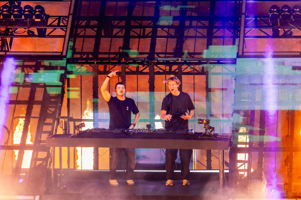 Martin Garrix and Alesso perform together at Red Rocks in Morrison, Colorado on Thursday, October 23.