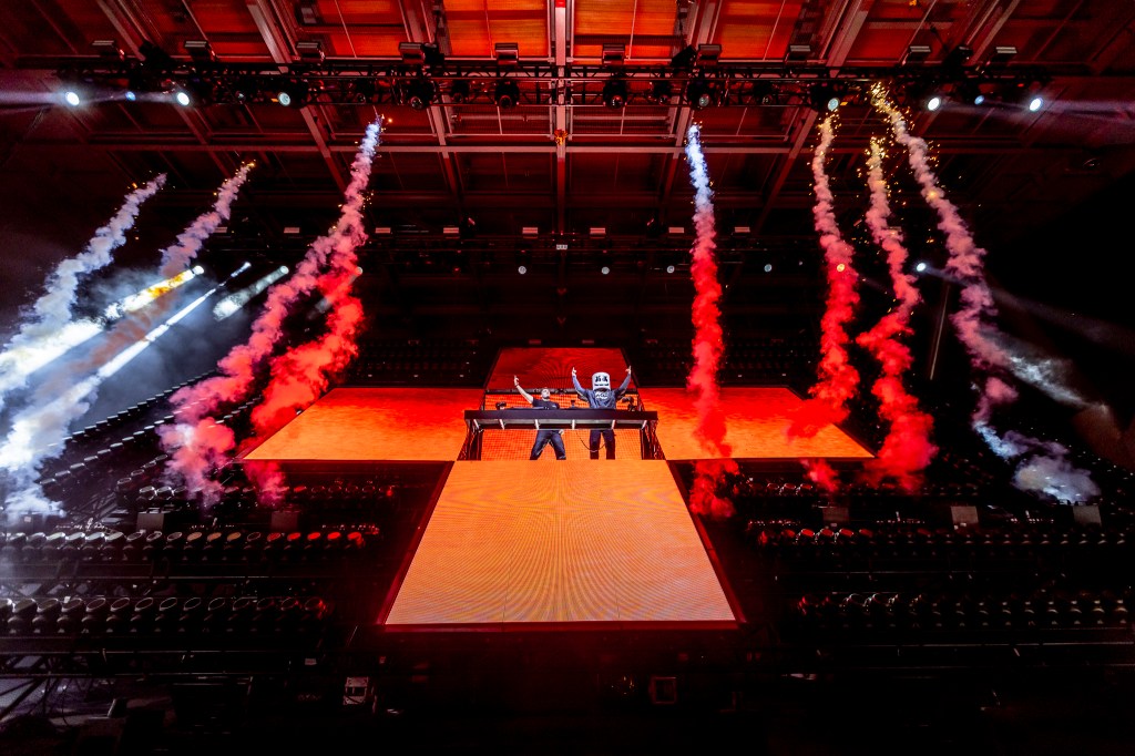 Martin Garrix and Marshmello perform together at Red Rocks in Morrison, Colorado on Thursday, October 23.