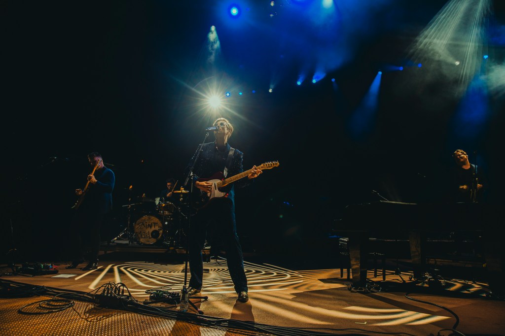 Saint Motel on stage at Red Rocks in Morrison, Colorado opening for Young The Giant.