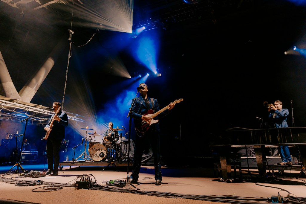 Saint Motel on stage at Red Rocks in Morrison, Colorado opening for Young The Giant.