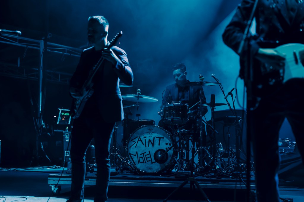 Saint Motel on stage at Red Rocks in Morrison, Colorado opening for Young The Giant.