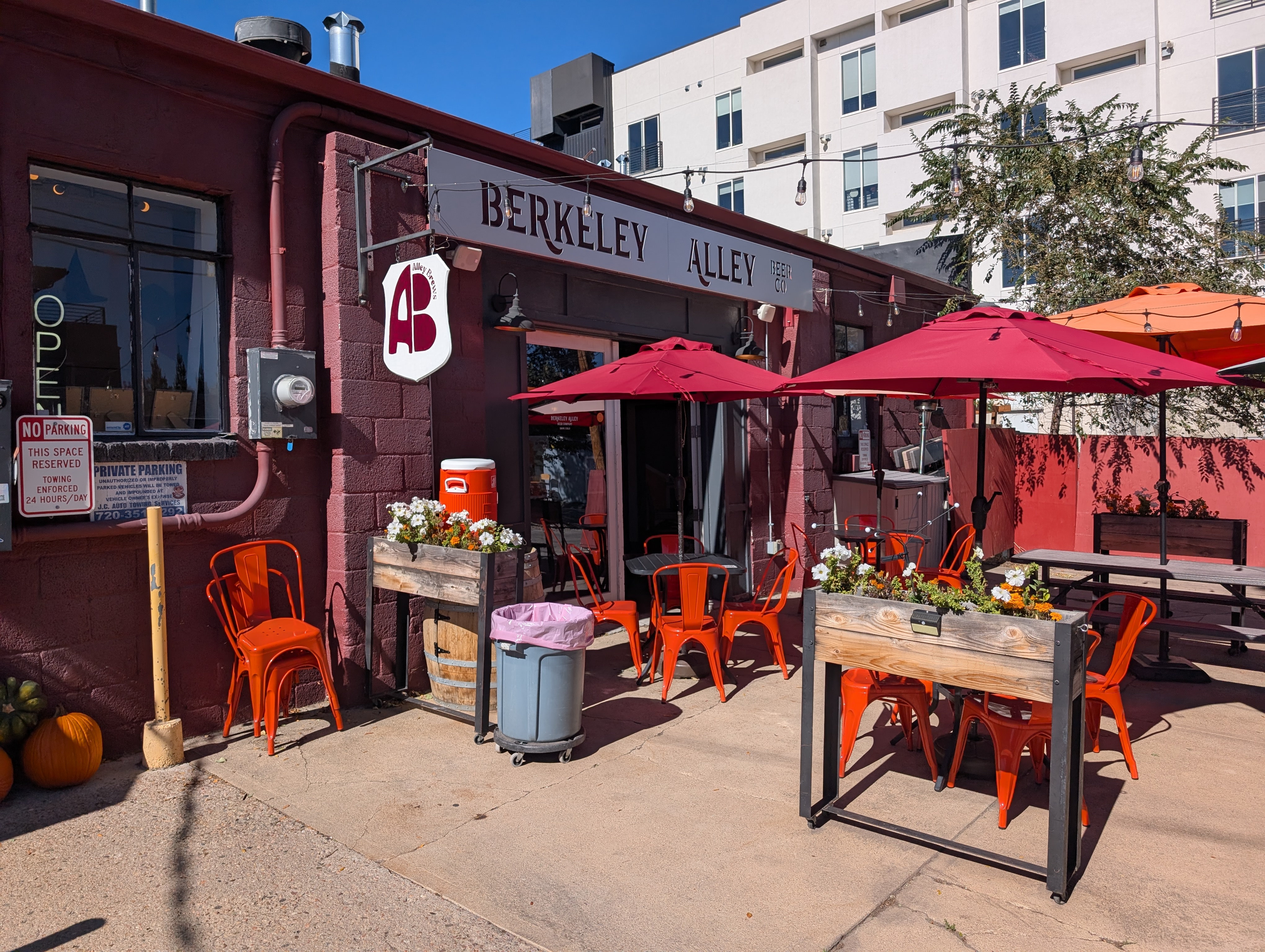 red umbrellas on a patio