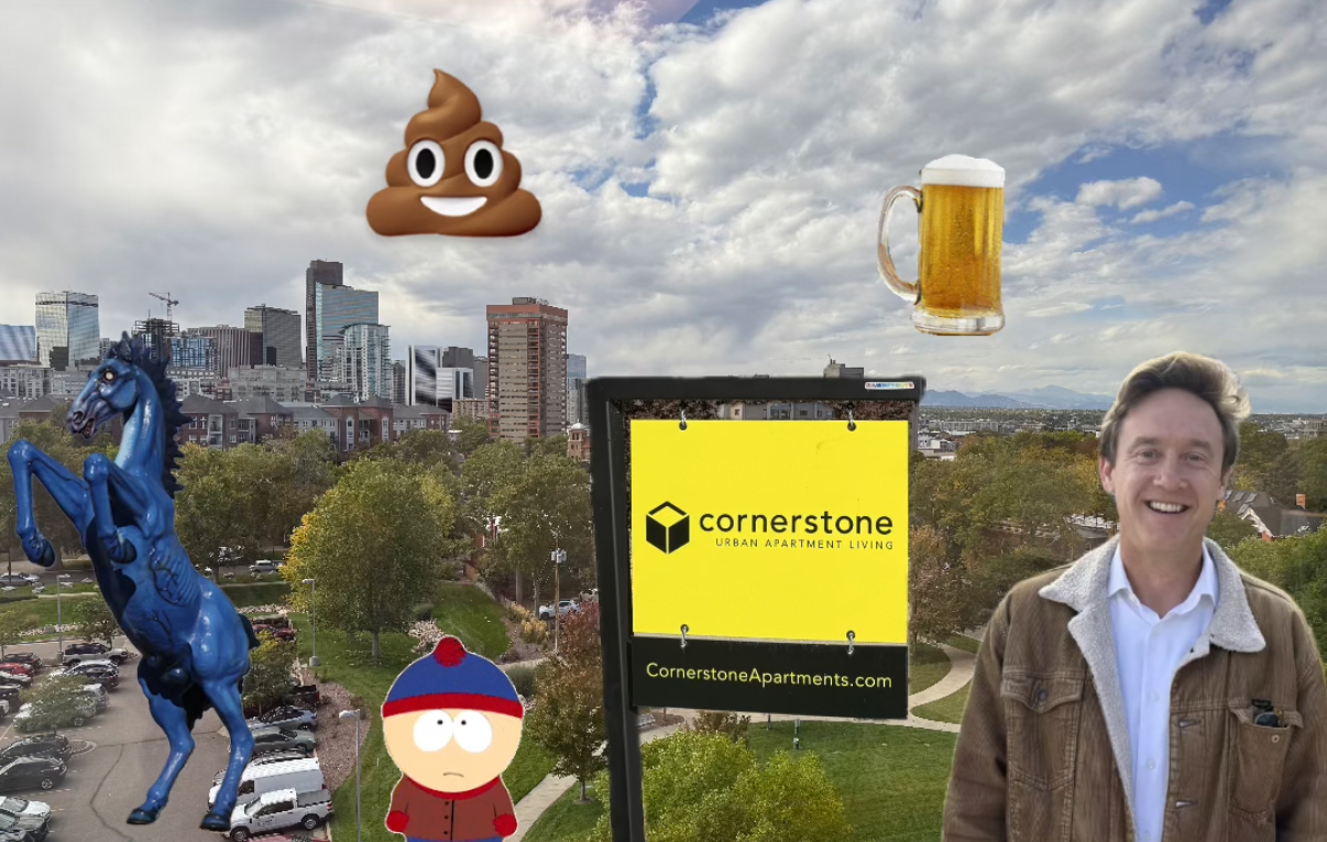 denver skyline with images of blucifer, south park, beer, cornerstone, poop and the mayor