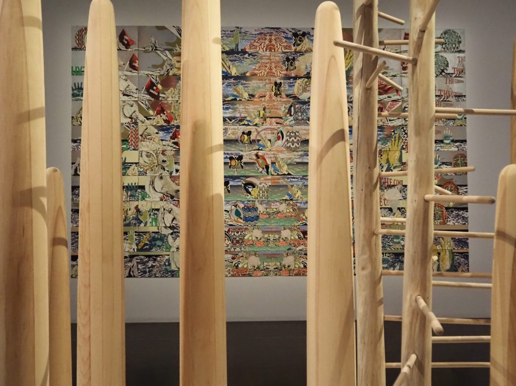 Pieces of wood block a large and colorful artwork