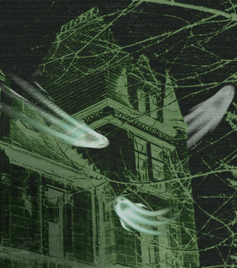 An old building with ghosts around it