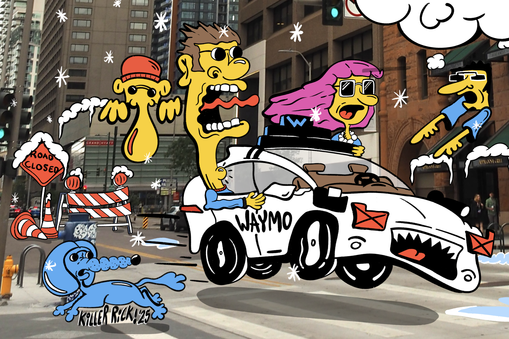 cartoon of a waymo car driving through Denver