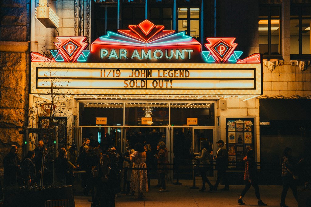 The Paramount Theatre marquee communicating a sold-out John Legend concert.