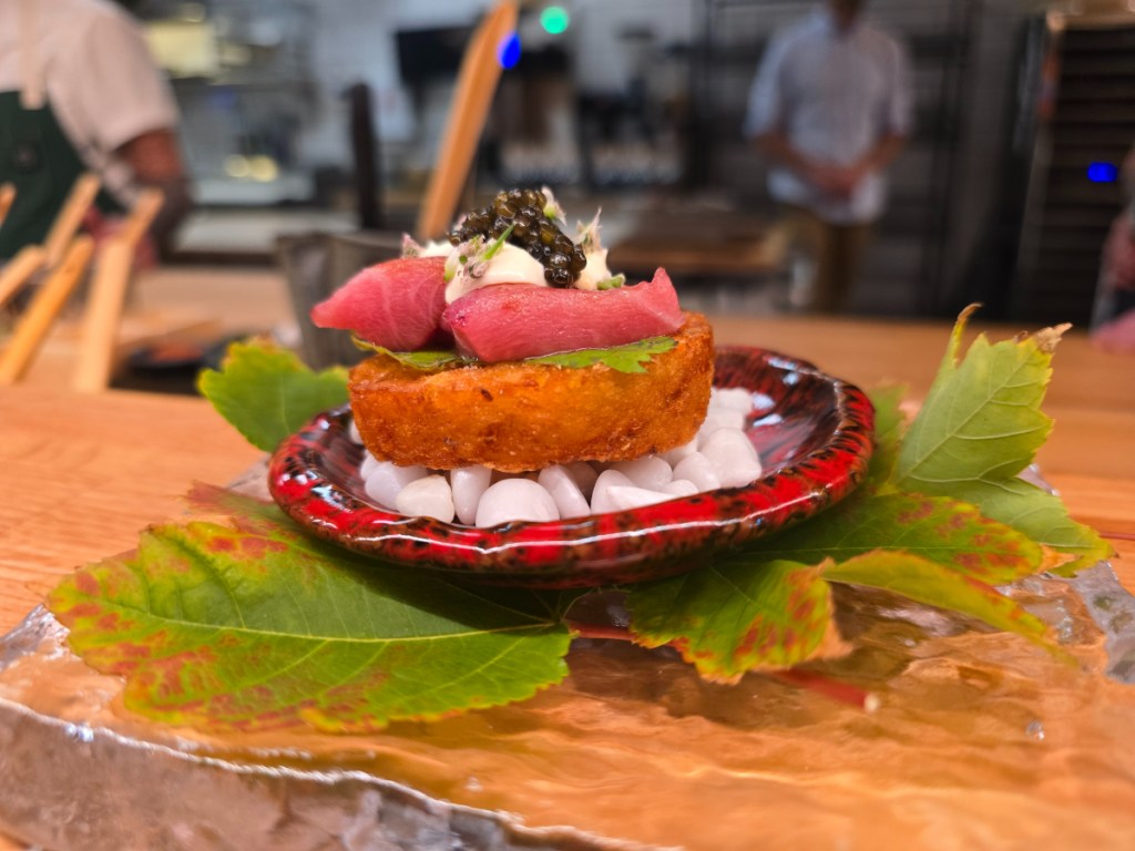 latke topped with otoro and caviar