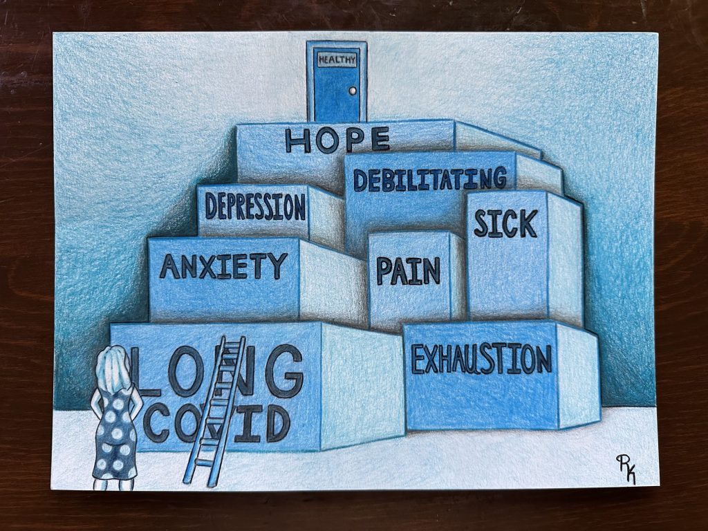 A drawing of a woman with a ladder resting on a block labeled "Long COID," which is a long way from "Healthy" at the top.