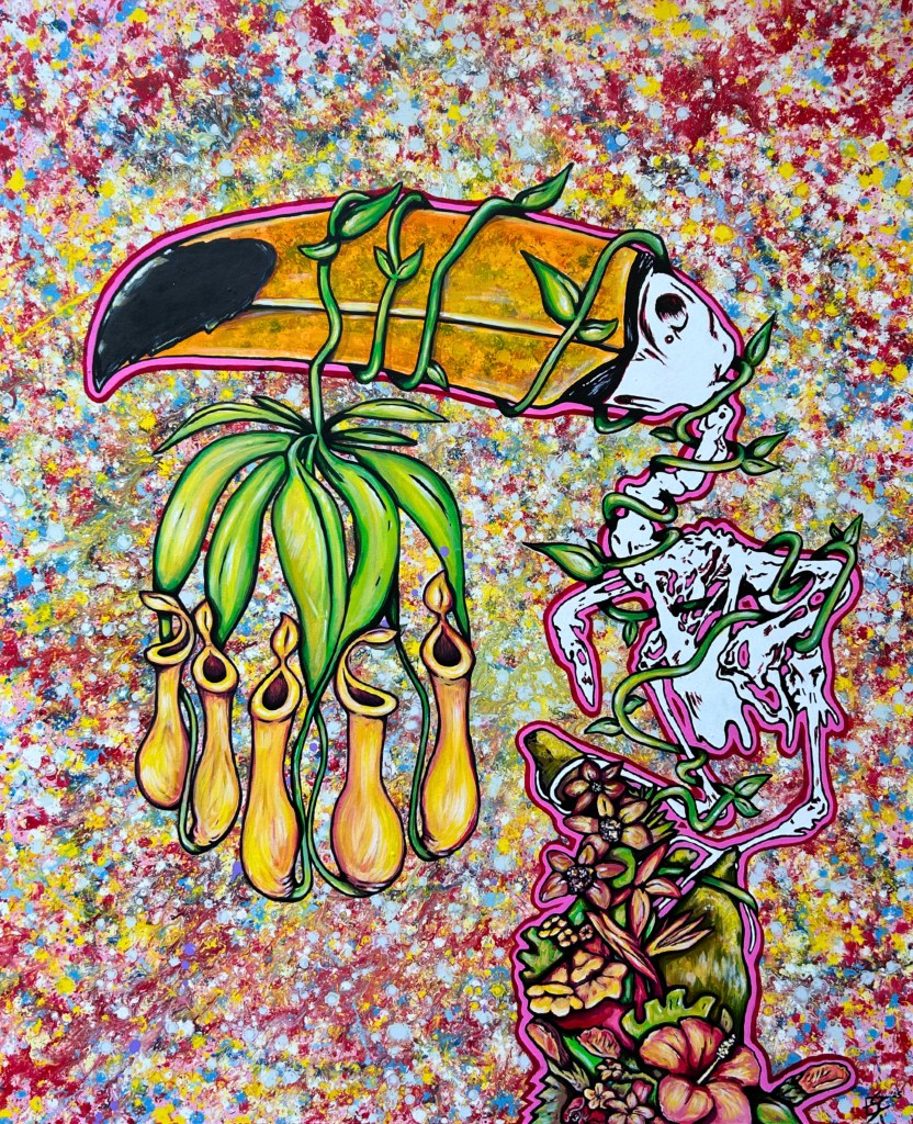 A painting of a skeleton toucan.