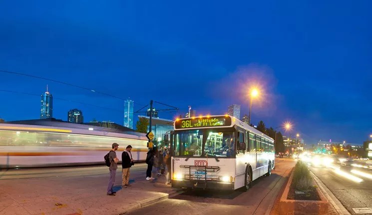 An RTD bus making a stop in Denver, Colorado.