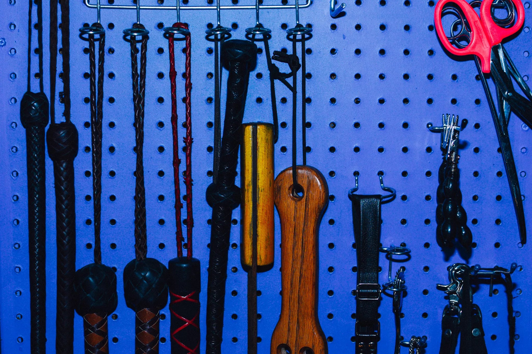 wall of BDSM gear and sex toys