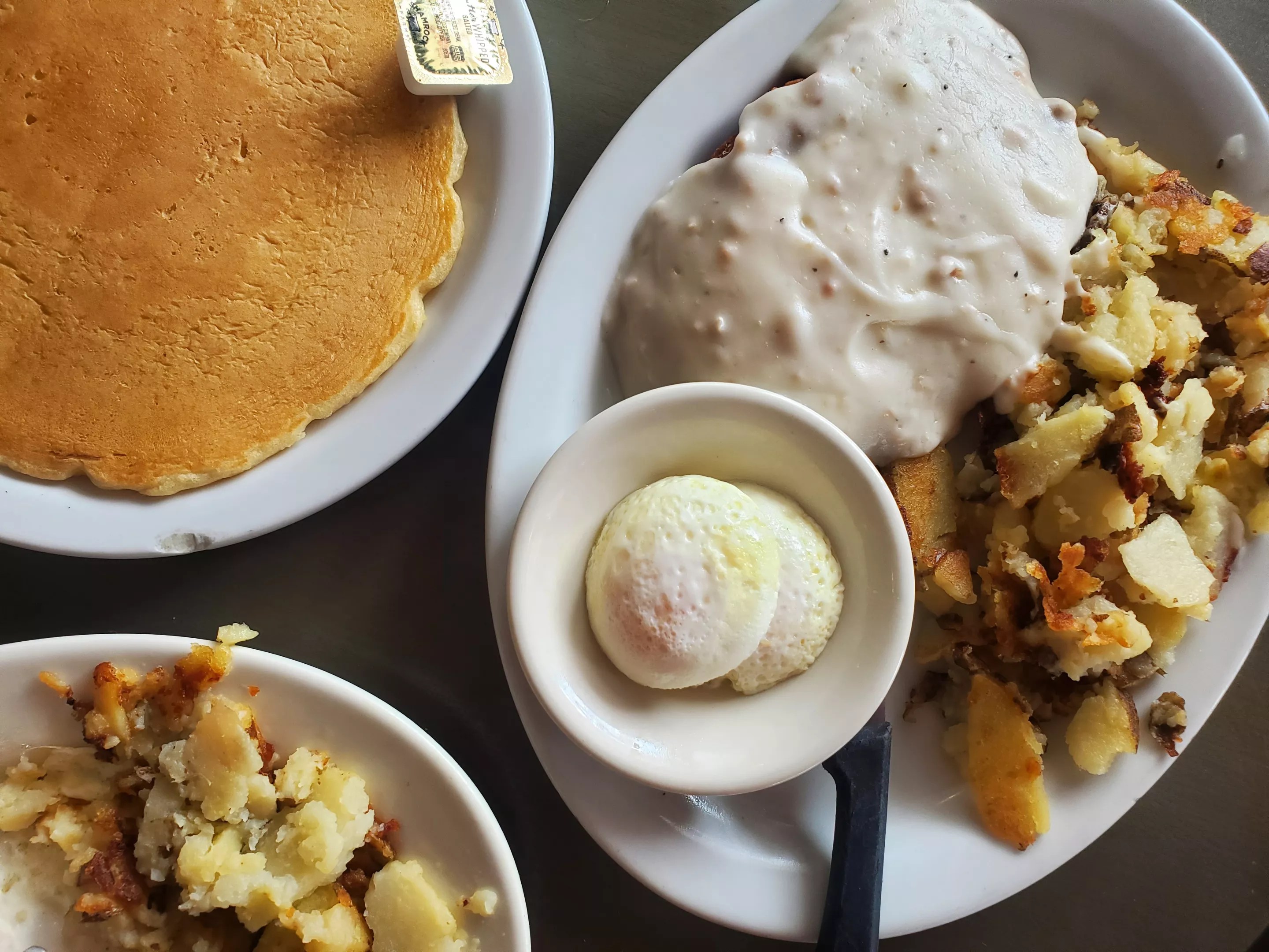 chicken-fried steak and pancakes.