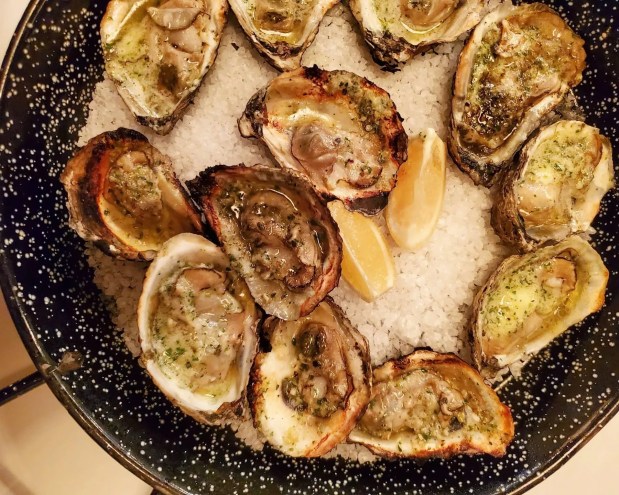 platter of wood-fired oysters