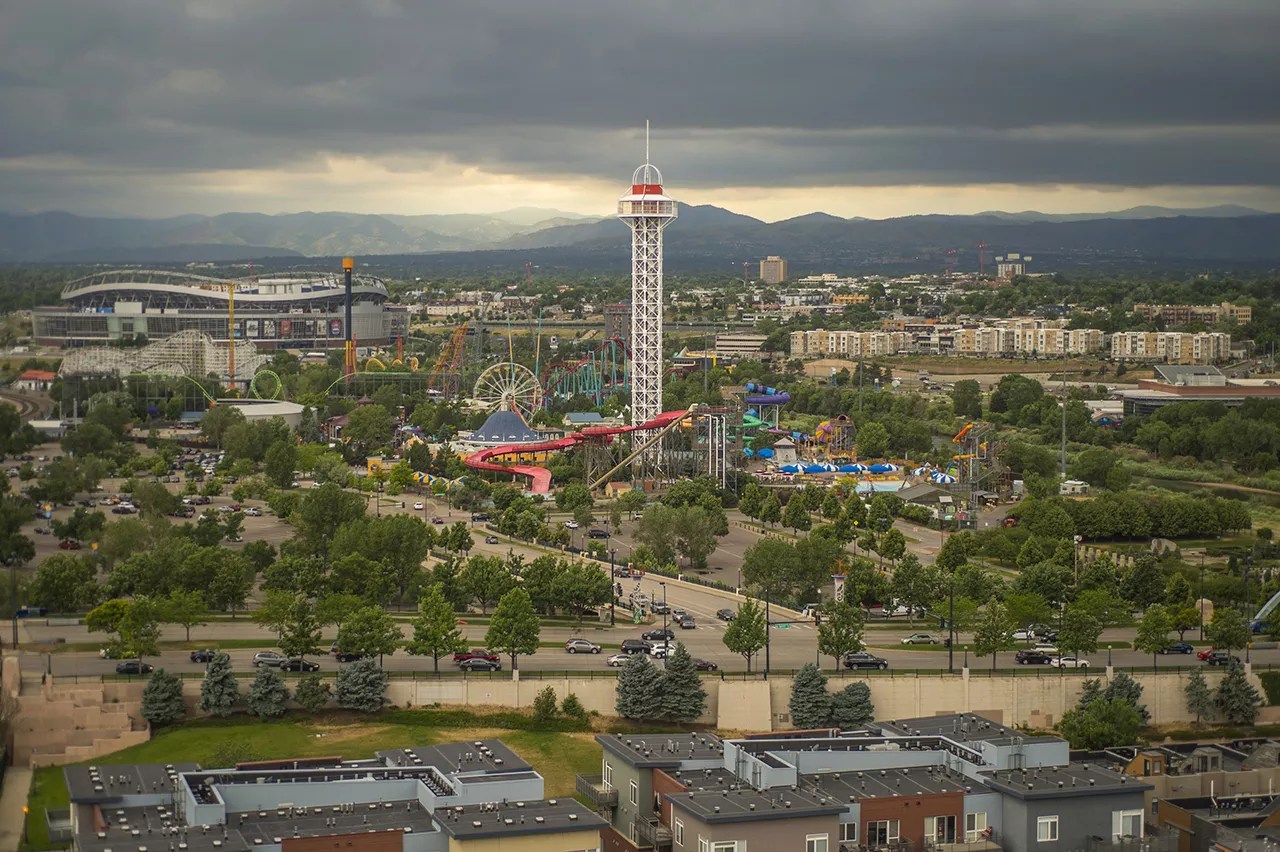 A panoramic view of Denver facing west, showing the Elitch's Amusement Park and Broncos stadium.