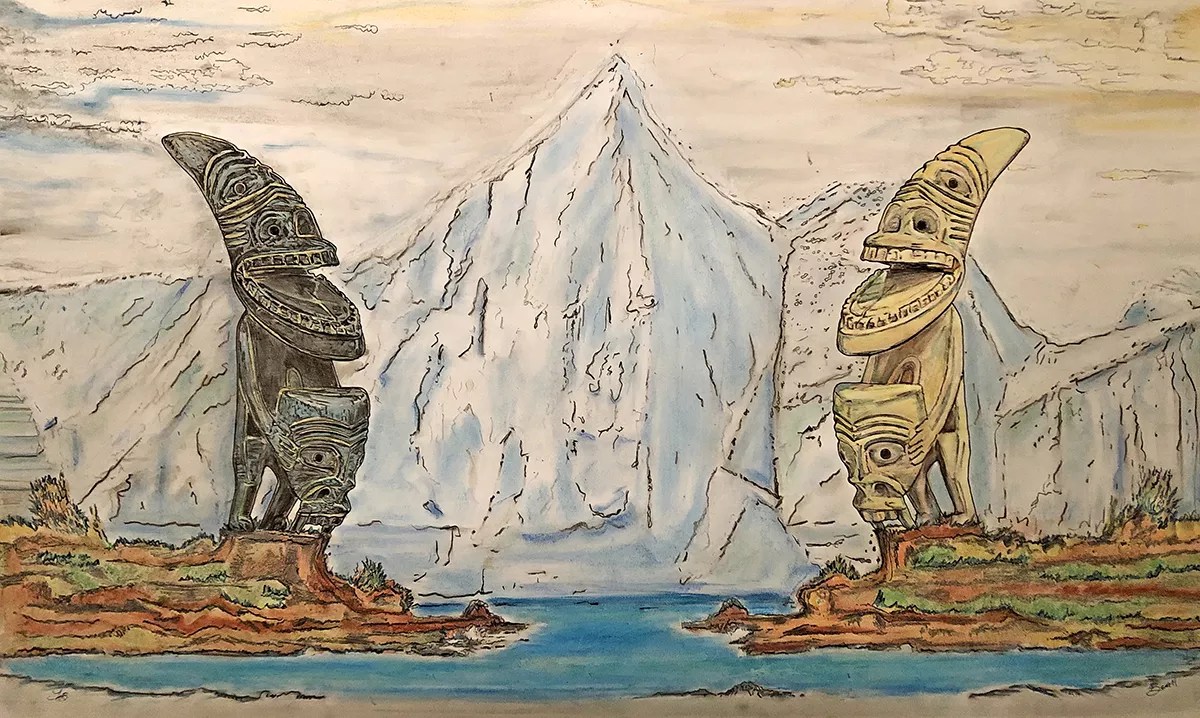 Tyrone Beall chalk pastel painting of Indigenous Greenland tribe's tupilak.