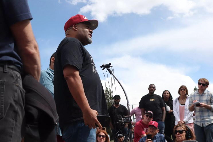 Wayne Mason, who was shot by Austin Lyle on March 22 inside East High School, addresses reporters for the first time at a Parents - Safety Advocacy Group press conference.