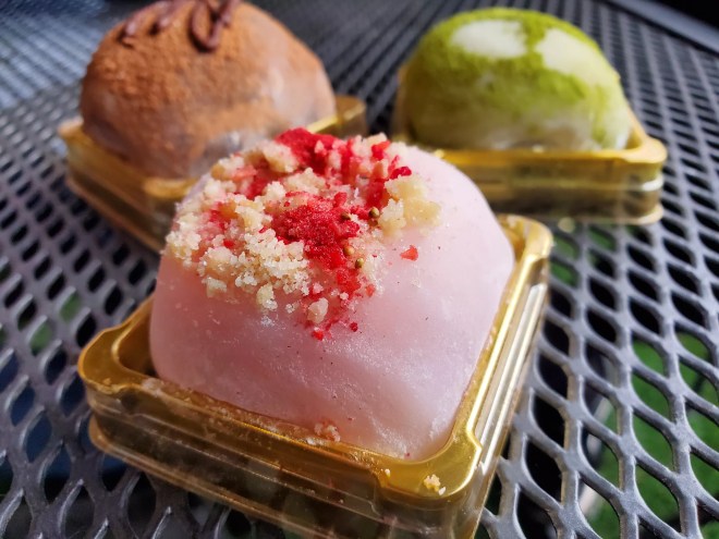 pink mochi with pink and white crumbles on top