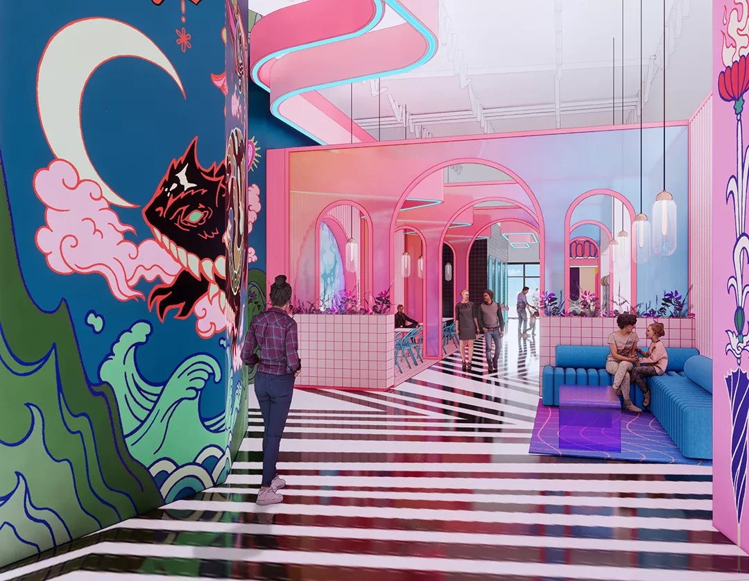 a pink room with a blue mural and striped floors