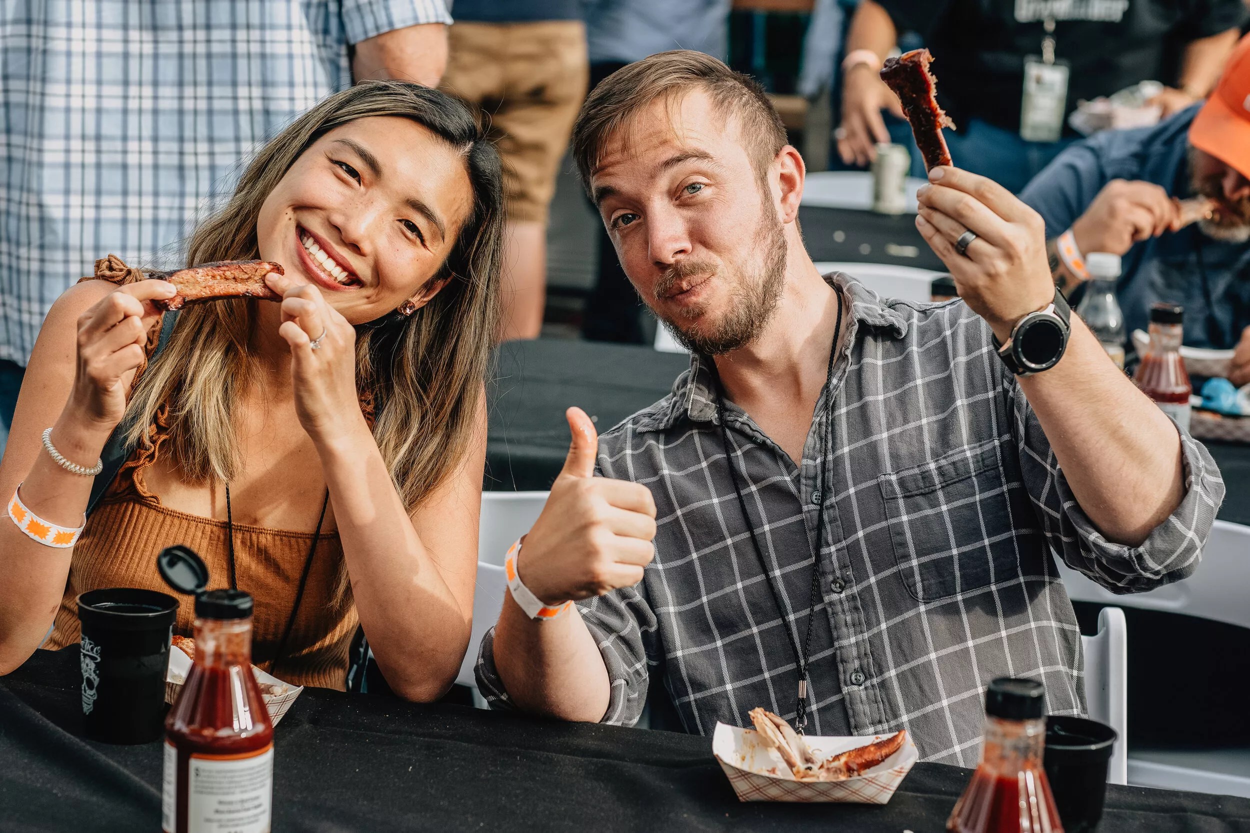 couple eating barbecue.