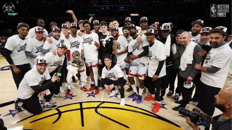 The Denver Nuggets gathered together for a team photo after beating the Los Angeles Lakers to advance to the NBA Finals.
