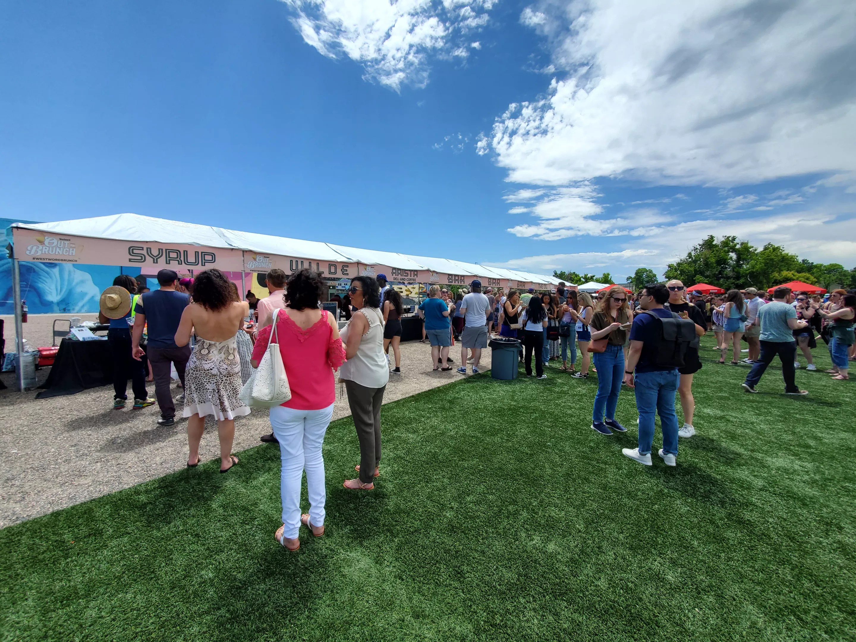 people standing on grass waiting in line at a food fest