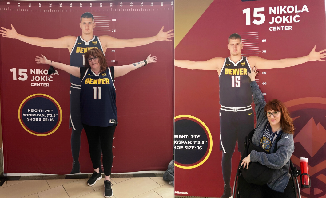 On the right a redheaded woman stands in front of a Nikola Jokic mural. On the left, the same woman sits in front of the mural on a wheelchair.