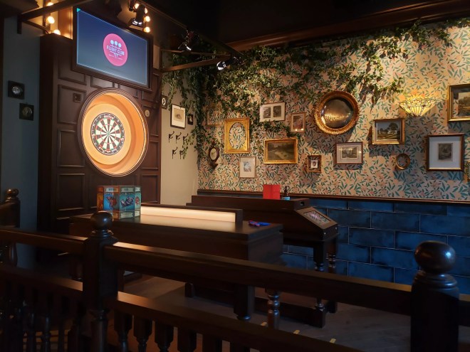 a dart board hanging inside