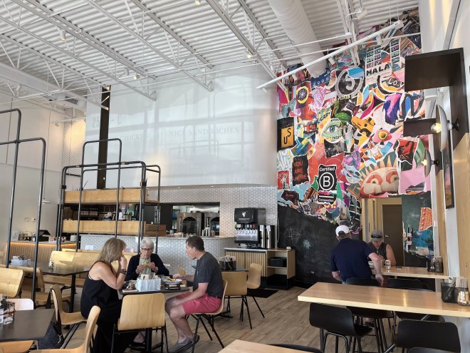 a colorful mural inside a restaurant