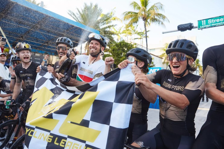 The Denver Disruptors celebrating a team win together in Miami.