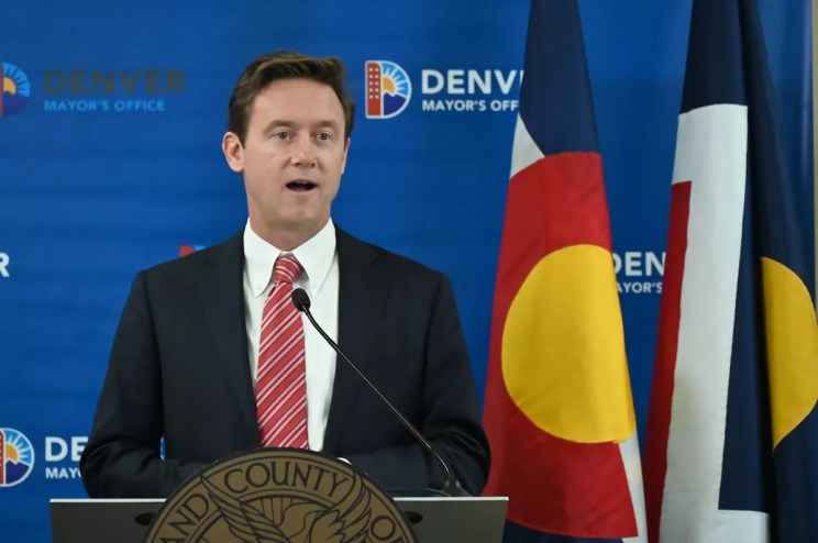 Mayor Mike Johnston talks during a press conference on Thursday, August 24.