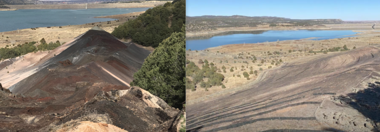 Right half of photo shows giant piles of black coal dust. Left half shows level area of regular soil.