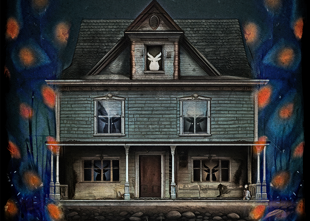 illustration of a blue wooden house