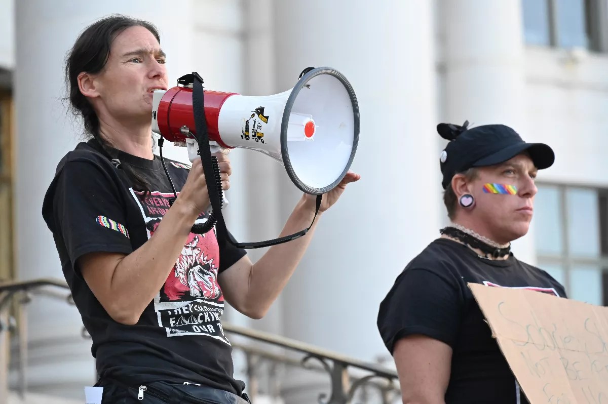 Housekeys Action Network Denver organizers Terese Howard and Ana Lilith Gloom speak outside of City Hall.