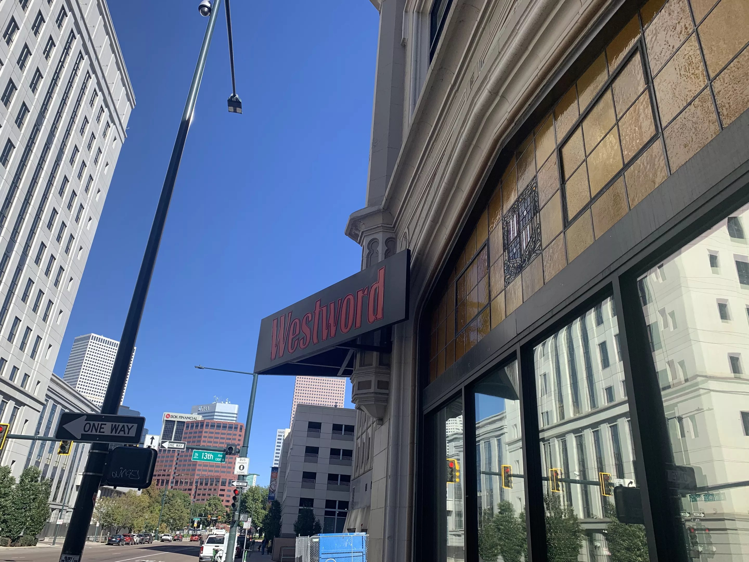 photos of old building, sign, downtown Denver.
