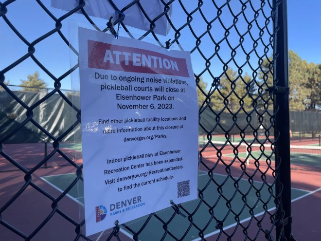 A sign at the Eisenhower Pickleball Courts announcing their closure.
