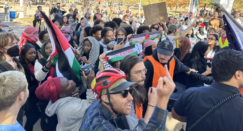 Pro-Palestine supporters on Wednesday, October 25, outside the Golda Meir House Museum at the Auraria Campus in Denver.