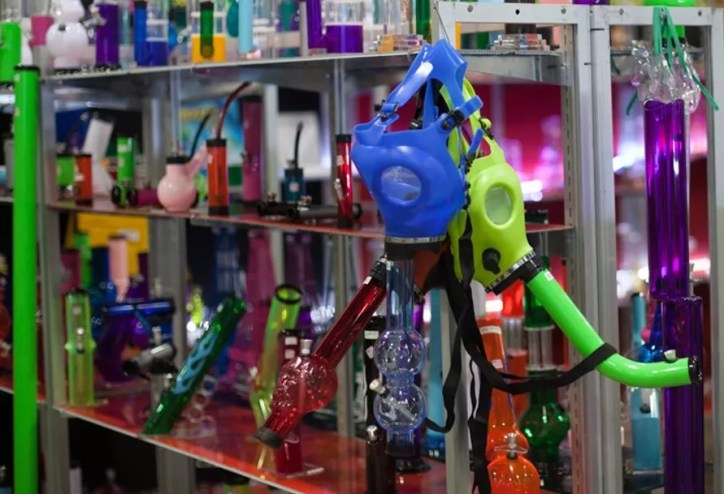 Gas mask bongs and acrylic bongs at a trade show
