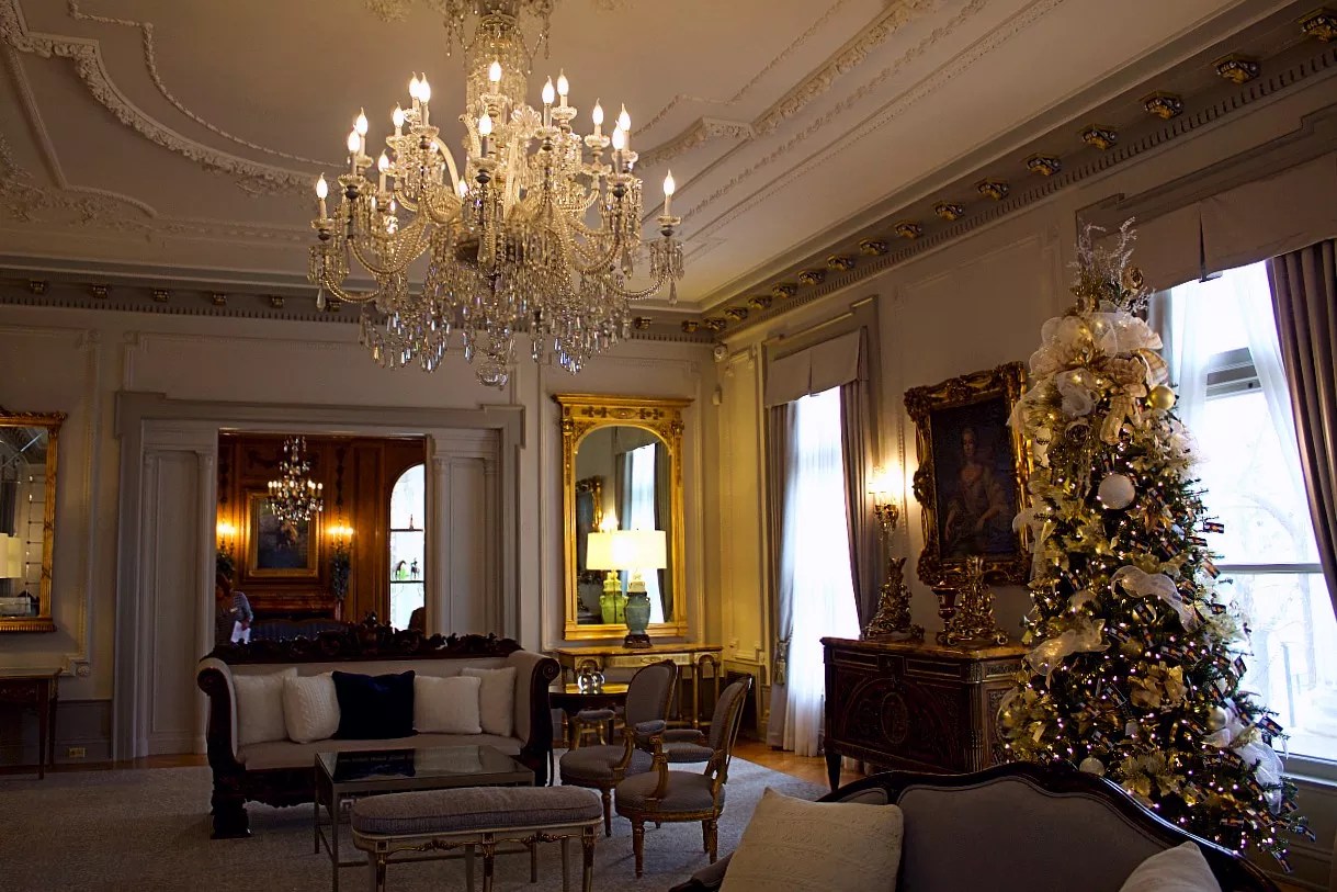 The drawing room inside of the Governor's Residence at the Boettcher Mansion.