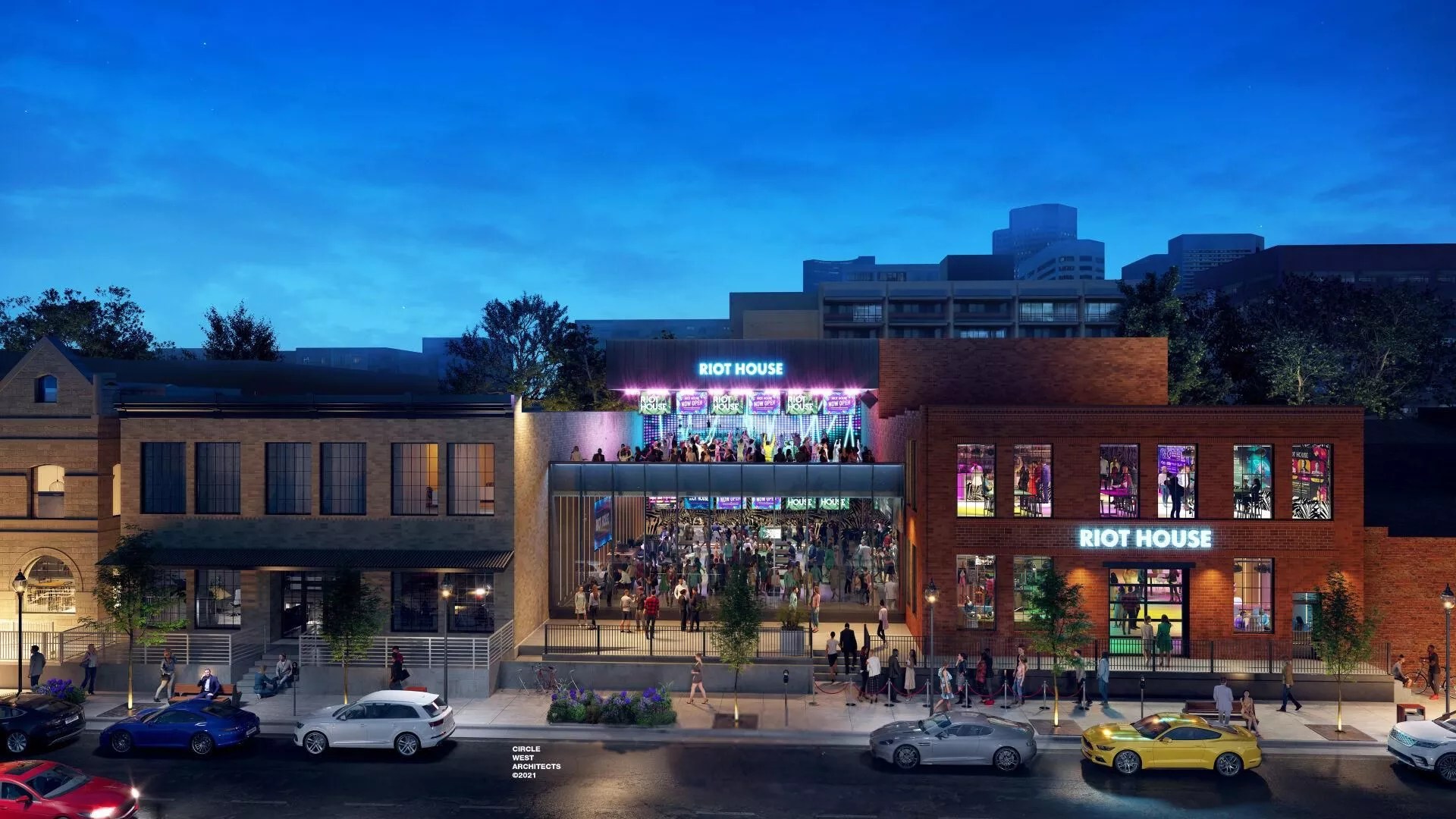 a club with people dancing on the roof.