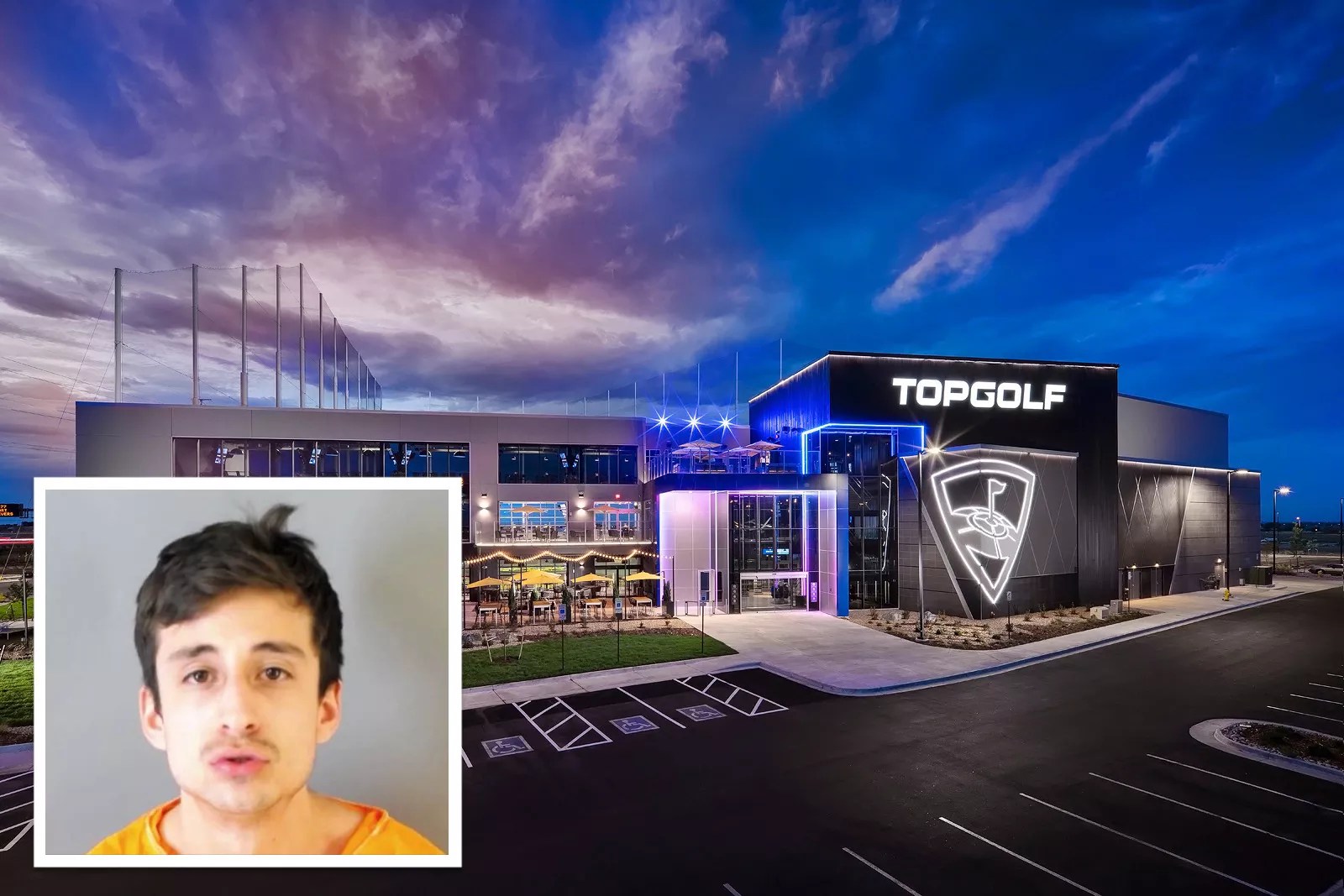 A mugshot of Victor Salazar-Guarache on top of the Thornton Topgolf location.