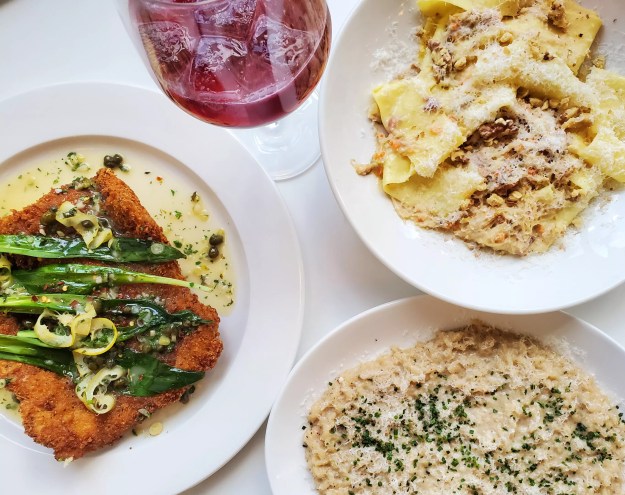 various food on white plates