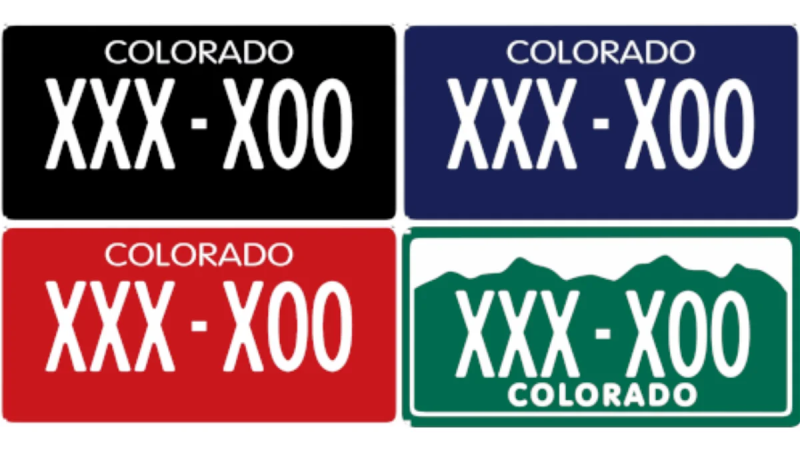 four colorado license plates in different colors