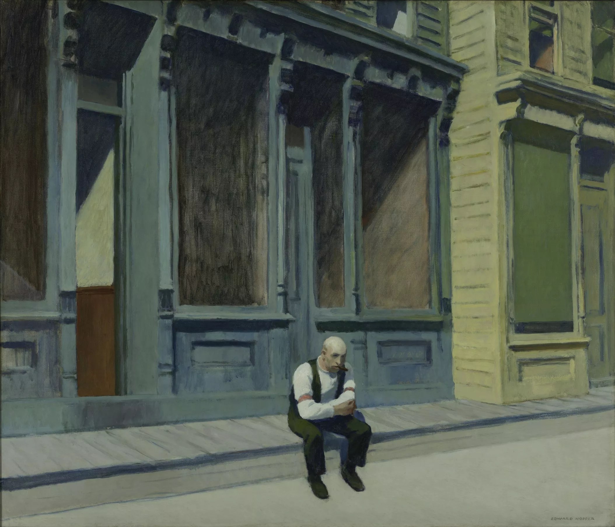 painting of man sitting outside store