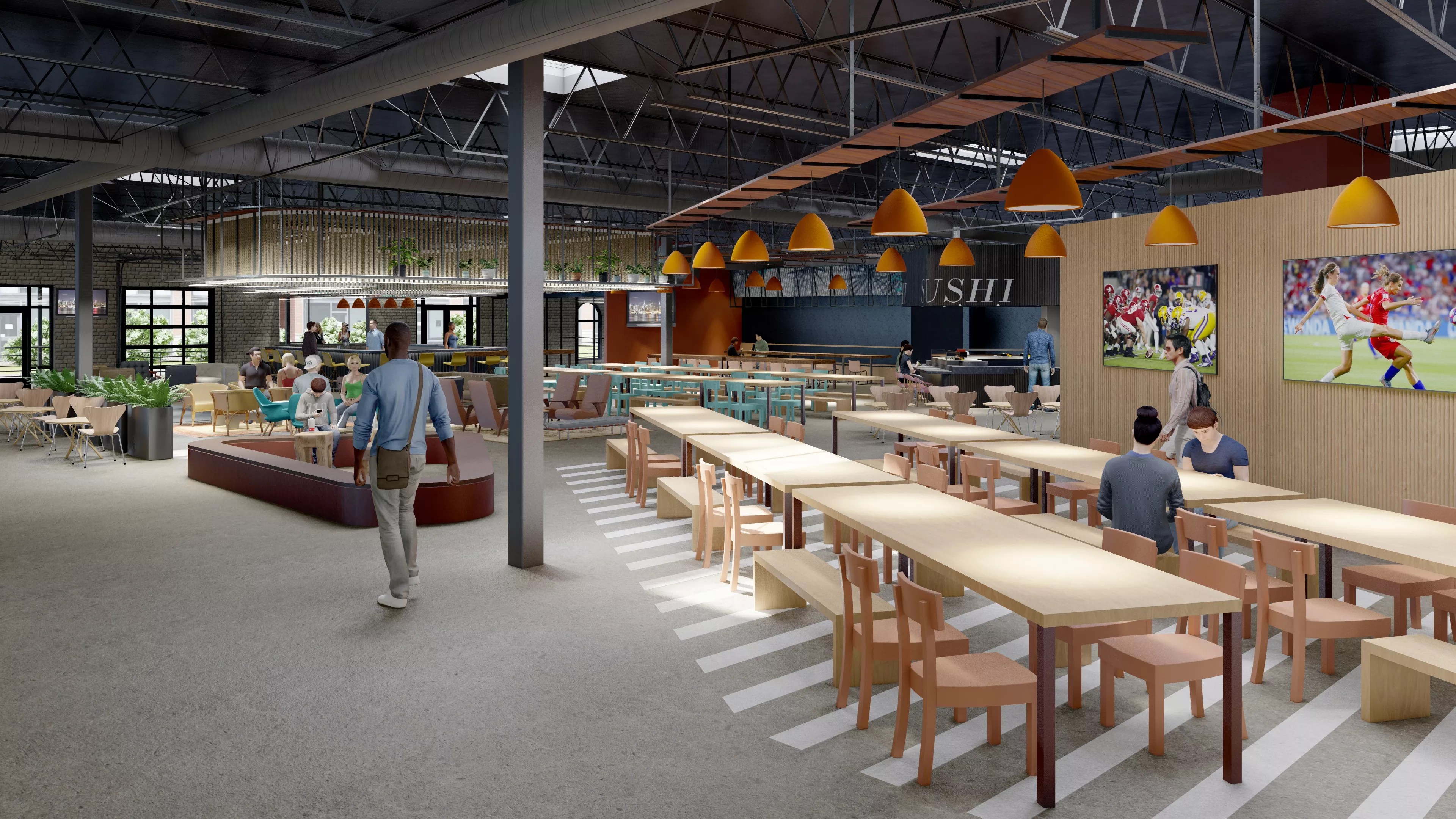 rendering of the interior of a food hall with long tables